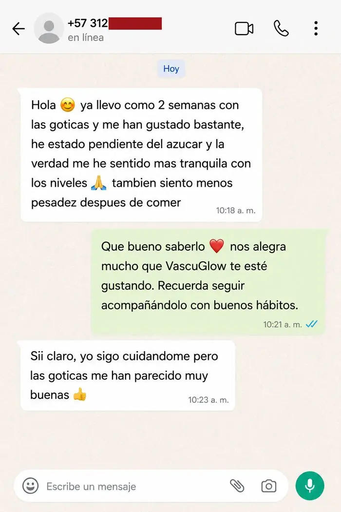 Testimonio de clienta VascuGlow por WhatsApp 1