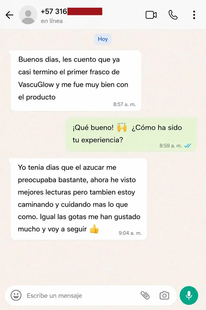 Testimonio de clienta VascuGlow por WhatsApp 3