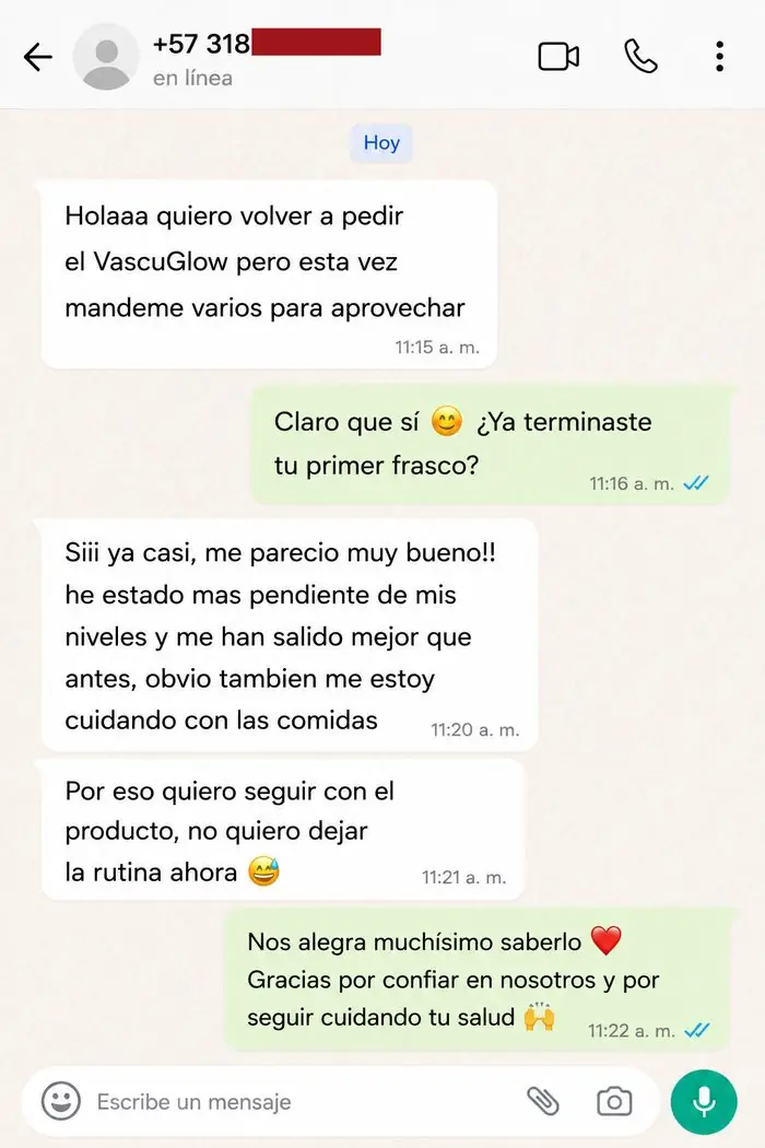 Testimonio de clienta VascuGlow por WhatsApp 4