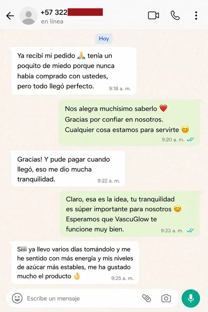 Testimonio de clienta VascuGlow por WhatsApp 5