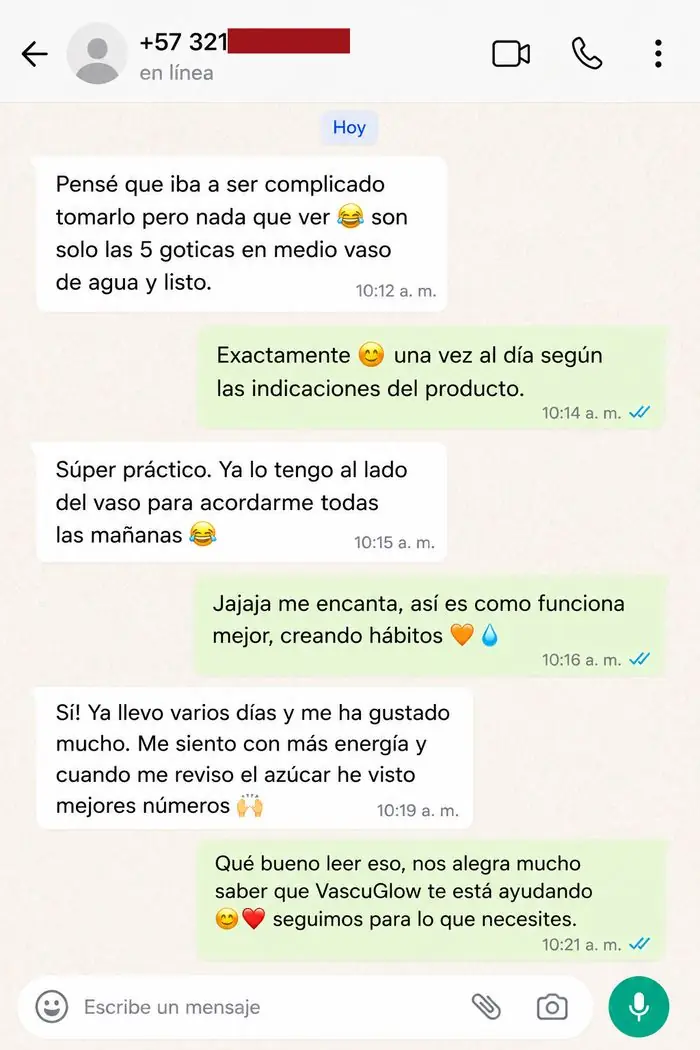 Testimonio de clienta VascuGlow por WhatsApp 6